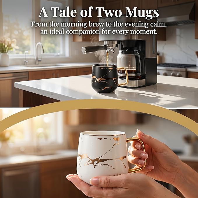 Peohud 2 Pack Porcelain Coffee Mugs Set, 14 OZ Marble Coffee Cups with Lid and Spoon, Large Tea Mugs for Latte, Cappuccino, Americano, Coffee Mugs for Couple, Novelty Engagement Gift