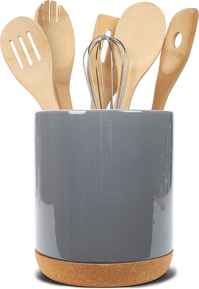 Elanze Designs Glossy X-Large Ceramic Stoneware Cork Bottom Kitchen Utensil Holder, Grey