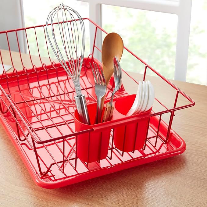 Space-Saving 3-Piece Dish Drainer Rack Set Efficient Kitchen Organizer for Quick Drying and Storage Includes Cutlery Holder and Drainboard Maximize Countertop Space, Bright Red