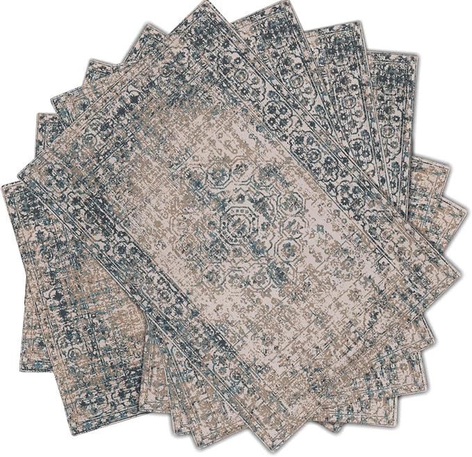 Grey Brown Ethnic Boho Placemats Set of 6 Bohemian Carpet Vintage Gray Linen Washable Kitchen Dining Table Mats Stain Heat-Resistant Desktop Decor Place Mats for Home Party Indoor 12x18 in