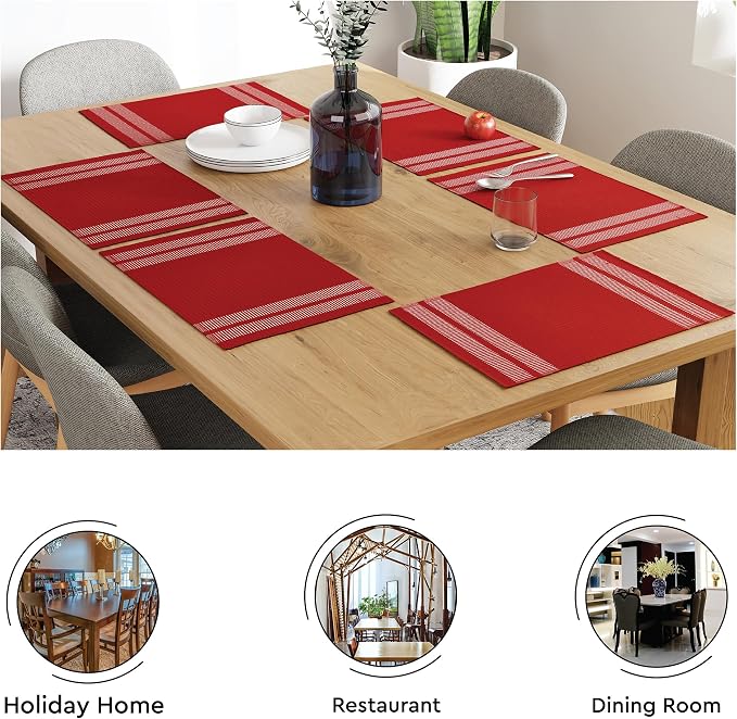 Encasa XO Dining Placemat Set of 6 | Ladder Red Color | Fine Ribbed Cotton Table mat | Size 18x13 in | Machine Washable