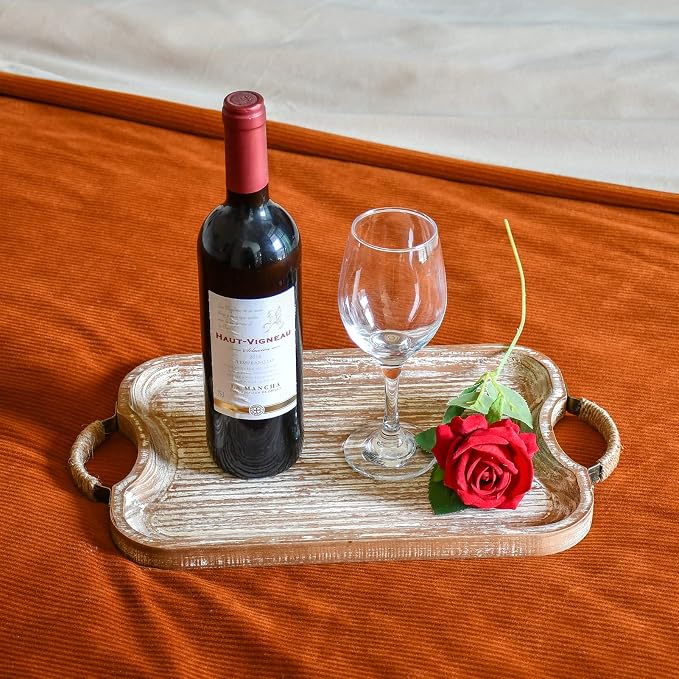 Rustic Wood Serving Tray with Metal Twine Handles Set of 2 Rectangular Decorative Trays Farmhouse Platter for Food, Fruit, and Coffee Great for Bed, Patio, Ottoman, Coffee Table, Kitchen, or Party.