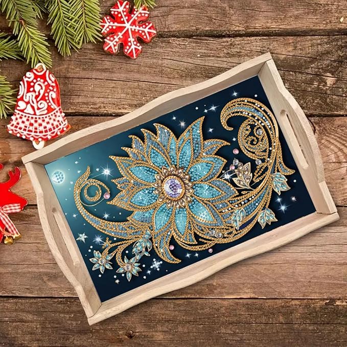 DIY Diamond Serving Tray Rectangular Wooden Breakfast Tray with Handle Handmade Diamond Art Painting Spring Creative Dinner Plate Coffee Room Living Home Organizer-Mandala02