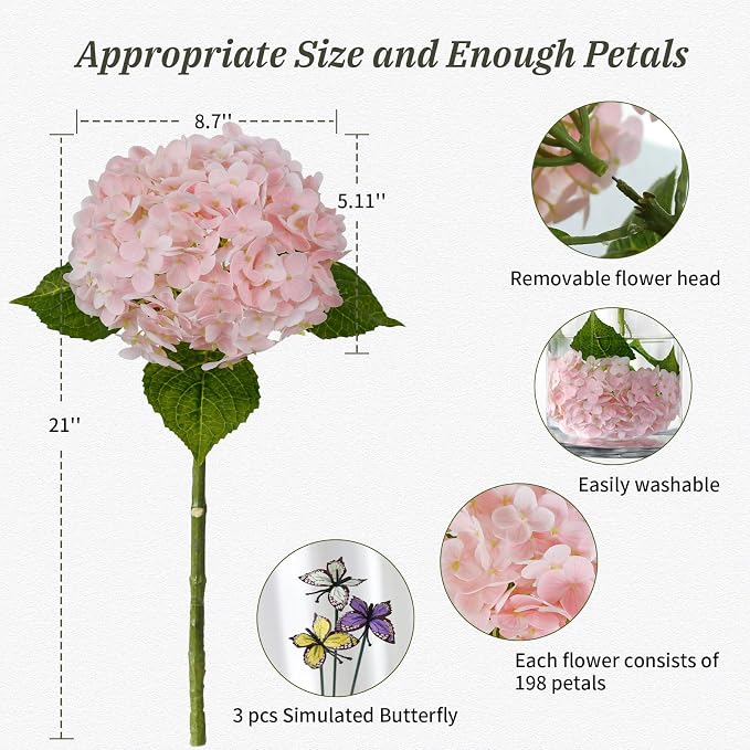 Leftover 21" Pink Hydrangea Artificial Flowers,3 Pcs Real Touch Hydrangea Flowers with Butterflies for Centerpiece Table Decorations,Floral Arrangements for Coffee Table Decor,Living Room Decor