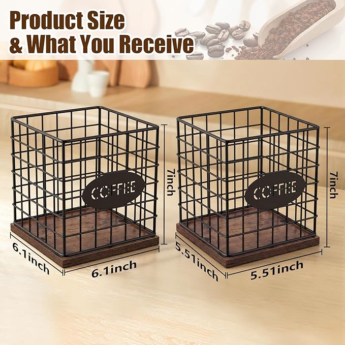 LemonRoad 2 Pack Coffee Pod Holder Organizer Metal Pod Storage Basket with Wood Base Black Large Capacity Capsule Holder for Kitchen Counter Coffee Bar Accessories Office Desk Supplies