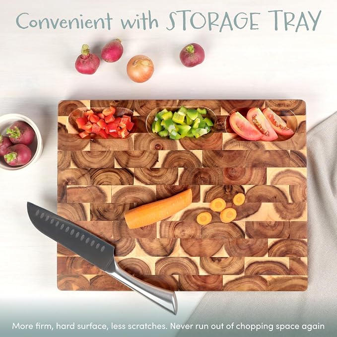 Acacia End Grain Cutting Board (17x13x1.5in), Butcher Block - Reversible Multipurpose Chopping Board with Juice Groove, Cracker Holder & Inner Handles