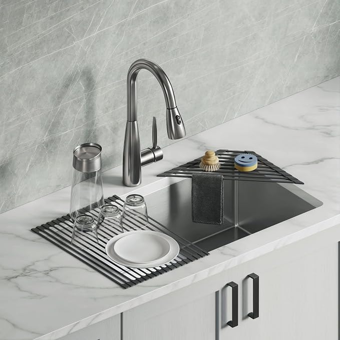 Dowell Over The Sink Roll-Up Dish Drying Rack, Foldable Tube Design, Space Saving Sink Organizer, Sturdy, Easy to Clean, Stylish Look - Triangle+Rectangular - Full Silicone
