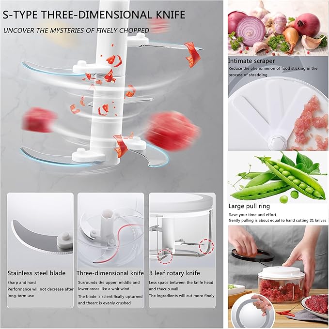 Manual Food Processor Vegetable Chopper, ZWCEGND 1000ML Onion Chopper Hand Pull String Garlic Chopper Mincer, Whisk and Smoothie Blender