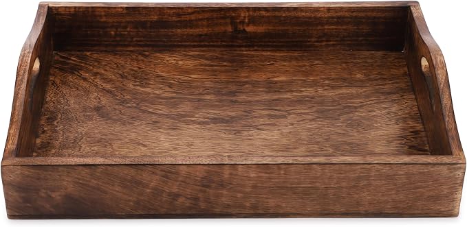 Ajuny Set of 3 Wooden Serving Tray with Handles Decorative Solid Plain Style Handcrafted Rectangular Platter for Snacks Coffee Tea and Versatile Kitchen & Home Gift (15.7x11, 13.7x9.9, 11.4x8 Inch)