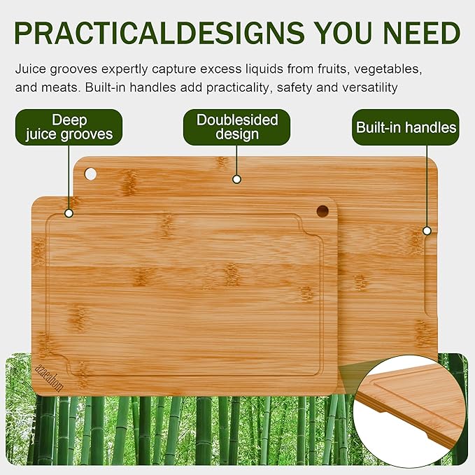 Bamboo Cutting Boards for Kitchen, 4-Piece Wood Cutting Board Set with Juice Grooves & Built-in Handles, Easy Storage & Clean Chopping Board for Meat, Vegetables, Fruit