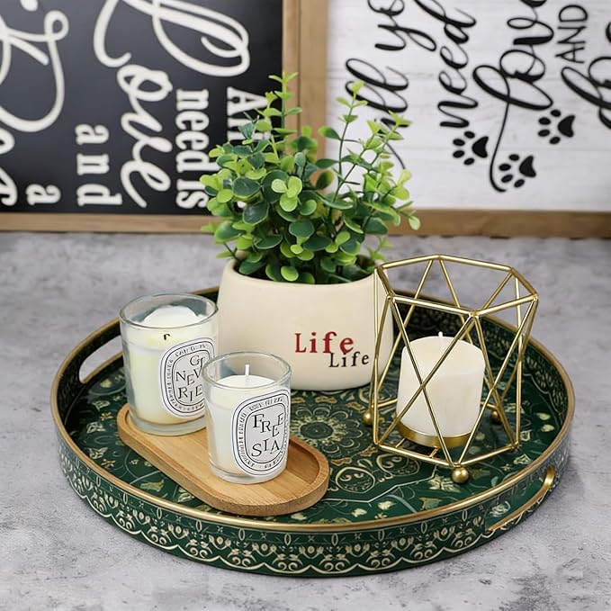 Round Serving Tray with Handles - Large Round Ottoman Tray Coffee Table Tray,Plastic Decorative Serving Trays for Coffee Table,Round Boho Tray for Ottoman Living Room