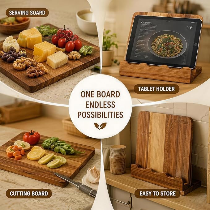 Wooden Cookbook Stand with Wave Edge Detachable Cutting Board Recipe Book Holder for Kitchen Countertop