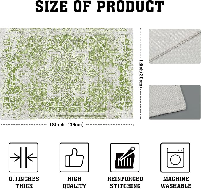 Gray Lime Green Boho Placemats Set of 4 Ethnic Bohemian Carpet Place Mats Washable Kitchen Dining Vintage Grey Geography Floral Linen Table Mats Stain Heat-Resistant for Home Party Indoor 12x18 in