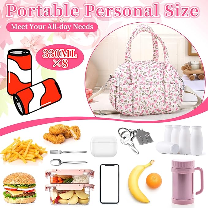 Zhehao Cute Lunch Bag for Women Large Quilted Insulated Lunch Box with Shoulder Strap, Crossbody Portable Leakproof Cooler Tote Bag for Adult Work Teacher Staff Office Travel Picnic(Pink Flower)