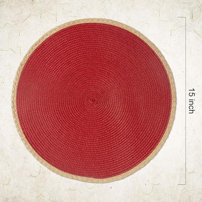 Noctiflorous Braided Round Placemats Set of 8, 15 Inch Woven Table Mats, Non-Slip Washable Thin Edge Place Mats for Kitchen Dining Table Decor (Red, 8)