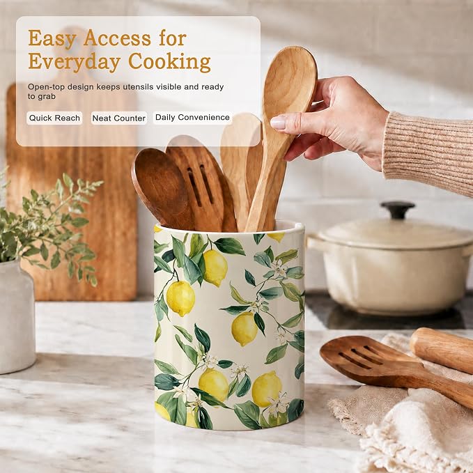 Kitchen Utensil Holder,Lemon Vintage Large Ceramic Utensil Crock Organizer for Spatulas,Spoons and Cooking Tools,Kitchen,Home Decoration 6.3"