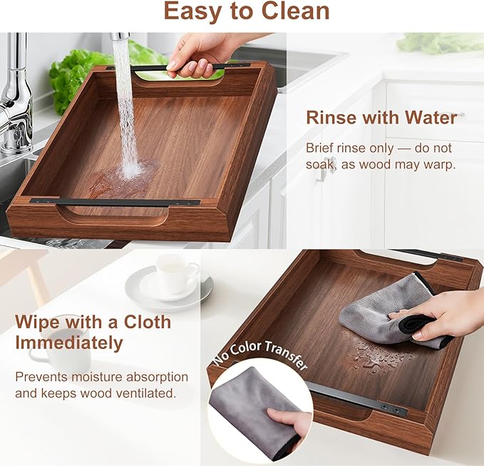 17 Inch Acacia Wood Ottoman Tray for Living Room, Wooden Serving Tray with Metal Handles, Large Serving Trays for Ottoman, Eating Food on Couch, Decorative Trays for Coffee Table, Bathroom, Home Decor