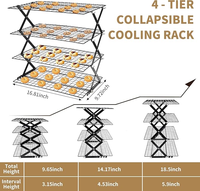 Cooling Racks for Cooking and Baking，2/3/4-Tier Upgraded Collapsible Cooling Rack，Adjustable 3 Setting Stackable Design，Nonstick Wire Rack for Baking，Roasting，Drying，Cookie，Cake，Muffins，Space Saving