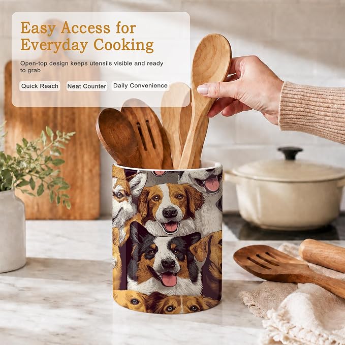 Cute Dog Utensil Holder for Countertop,Funny Ceramic Utensil Crock Organizer for Home Kitchen Spoons,Spatulas and Cooking Tools