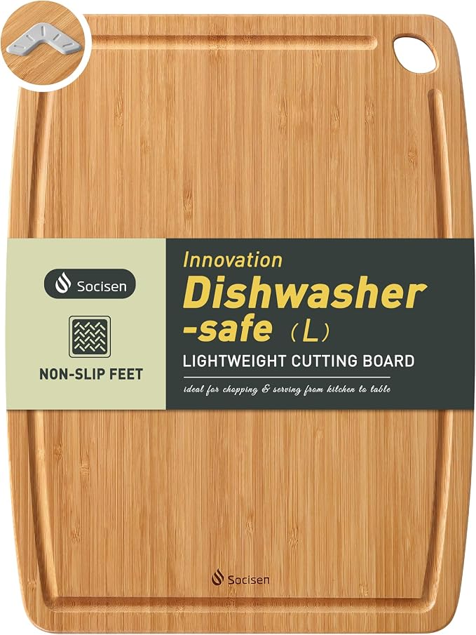 Lightweight Durable Bamboo Cutting Board with Non-Slip Feet, Non Toxic Wooden Cutting Board for Kitchen Heat-Resistant Chopping & Charcuterie Board with Juice Groove Kitchen Essentials for Meat