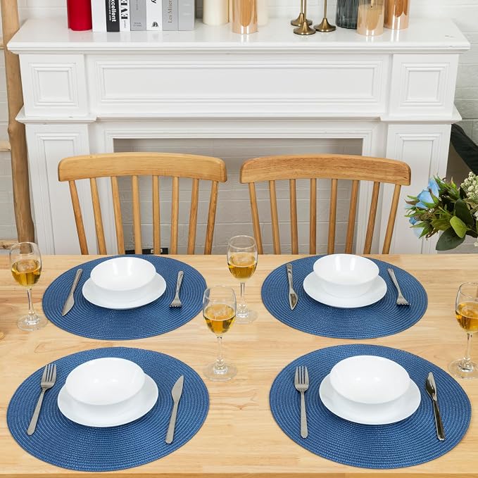 Winknowl Round Braided Placemats Set of 4 Washable Woven Heat Resistant Table Mats for Kitchen Dining Tables 15 inch Round Place Mats (Blue,4pcs)