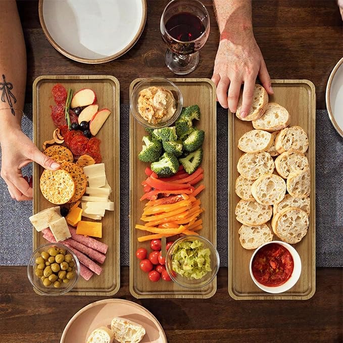 3Pcs Acacia Wooden Serving Tray - Wooden Charcuterie Board - Rectangle Wood Platter for Serving Food, Fruit & Cheese Board Wood Dessert Trays (3, 14"x5.5"x0.6")