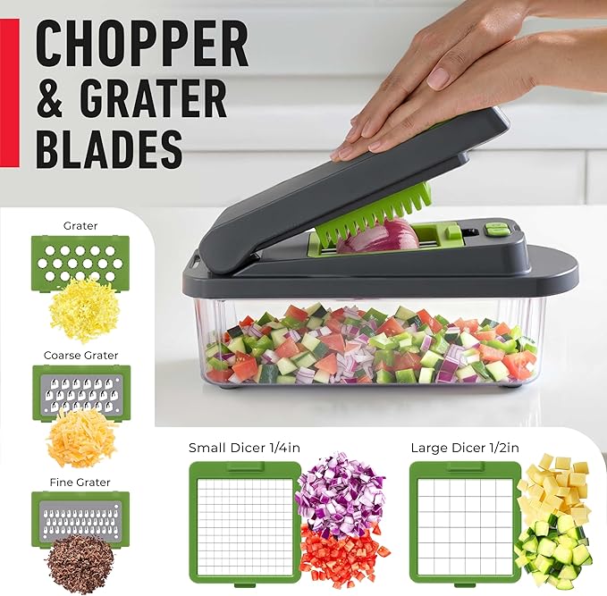 Mueller Pro-Series 10-in-1, 8 Blade Vegetable Chopper, Onion Mincer, Cutter, Dicer, Egg Slicer with Container, French Fry Cutter Potato Slicer, Home Essentials, Salad Chopper,Gray/Green
