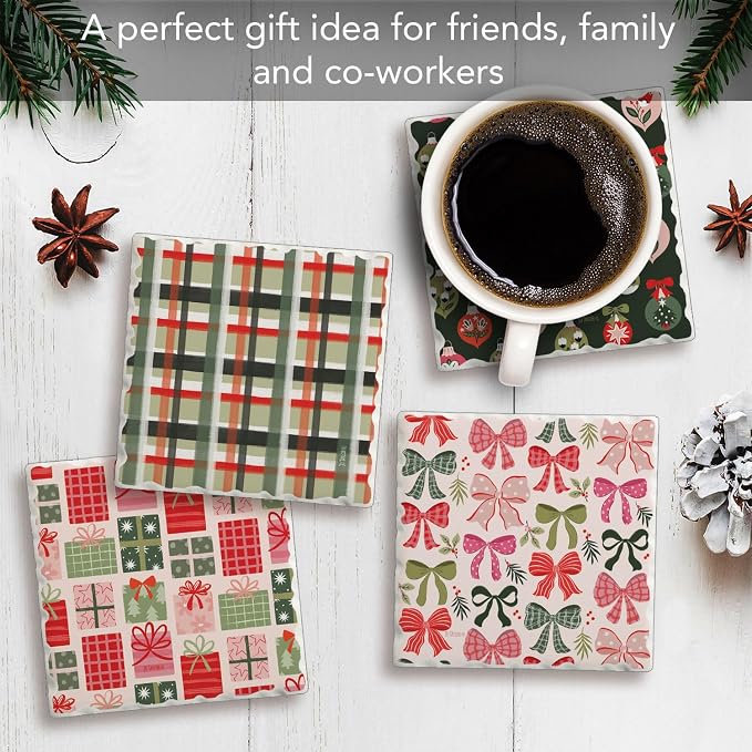 Thirstystone Christmas Joy 4 Pack Assorted Tumbled Tile Stone Coasters with Protective Cork Backing 4" Square Manufactured in the USA