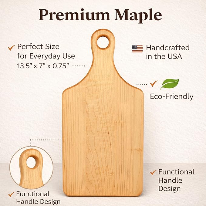 Handcrafted Maple Cutting Board with Handle – Eco-Friendly, Charcuterie Serving Tray, Wooden Chopping Board, Made in USA Kitchen Essential