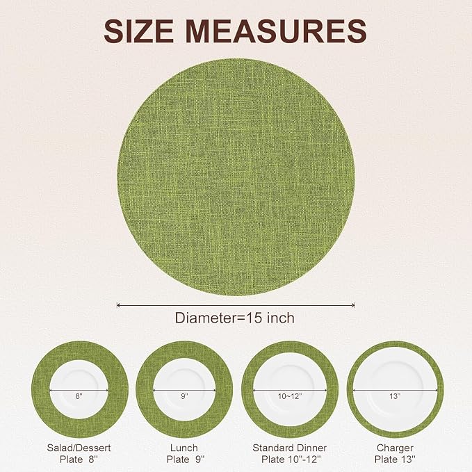 homing 15 Inch Round Cloth Placemats Set of 12, Cotton Linen Blend Washable Table Mats, Farmhouse Dining Place Mats for Indoors & Outdoors, Easy to Clean, Grass Green