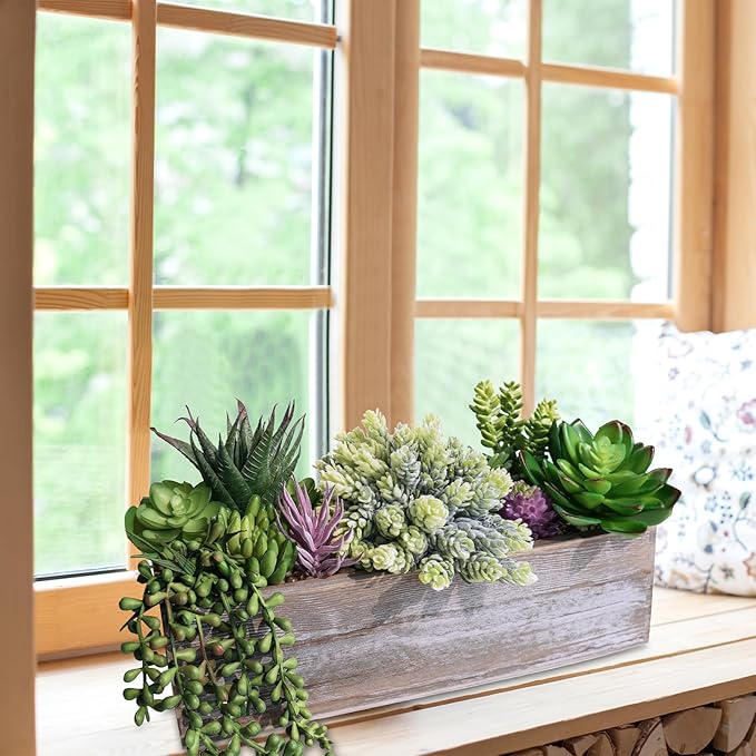 Winlyn Artificial Succulent Arrangement 14" Assorted Faux Succulents Plants in Rustic Rectangular Wooden Box Potted Succulents Plants for Farmhouse Home Table Centerpiece Windowsill Greenery Décor