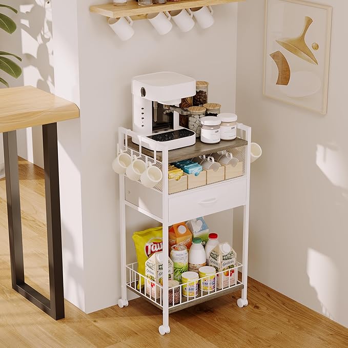 Small White Coffee Bar Cart with Drawer Storage,Office Coffee Bar Station Mug Cup Holder Stand, 3-Tier Coffee Table for Home Buffets & Sideboards for Kichen, Entryway, Living Room
