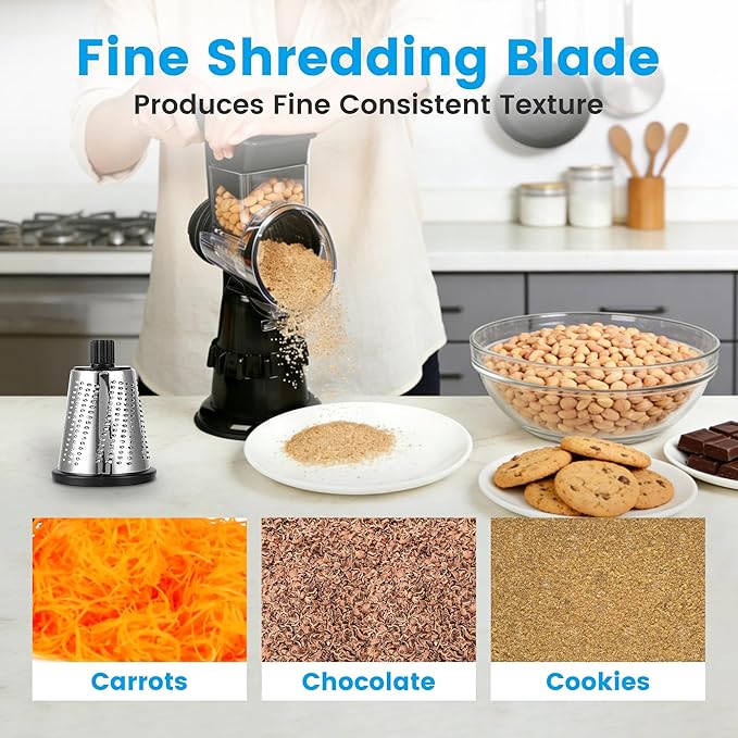 Rotary Cheese Grater Hand Crank, Vegetable Slicer with 5 Blades, Stable Suction, Labor-Saving Handle, Cheese Shredder for Potato Vegetables Nuts Chocolate, Black