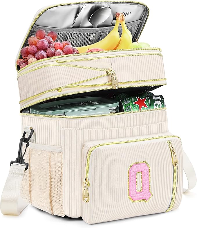 Personalized Initial Lunch Box for Women, Double-deck Expandable Large Insulated Cooler Lunch Bag with Shoulder Strap, Adult Lunch Box, Gifts for Women, Wife, Mom & Friends for Work, Picnic, Beach