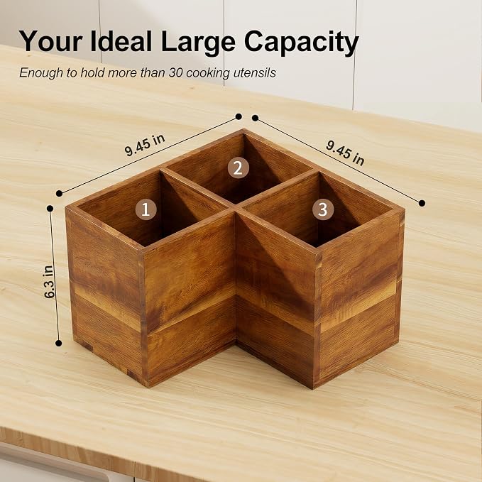 ZUJJAFY Utensil Holder, Corner Utensil Holder for Kitchen Counter, Acacia Wood Kitchen Utensil Holder for Countertop with 3 Compartments, Wooden Cooking Utensil Organizer for Spatula Storage