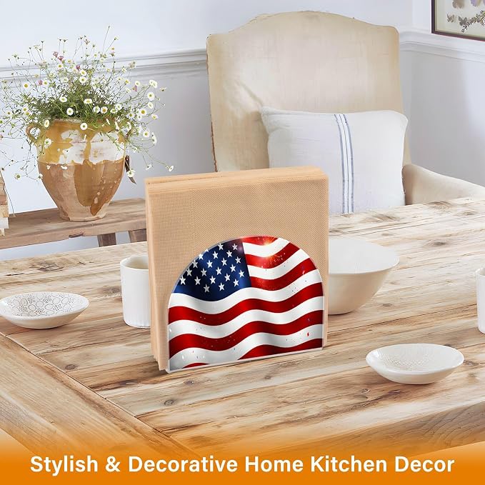 Independence Day Bright American Flag Napkin Holder for Tables Paper Cocktail Napkin Holders for Kitchen and Dinning, Acrylic Dinner Napkin Dispenser for Restaurant Home Decor Bar Accessories 2 Pack