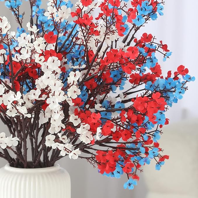Hananona 10 Pcs 4th of July Flowers Artificial Babys Breath Fake Silk Red White Blue Patriotic Flowers for Independence Day Home Decor Floral Arrangement Table Centerpieces (10, Mix)