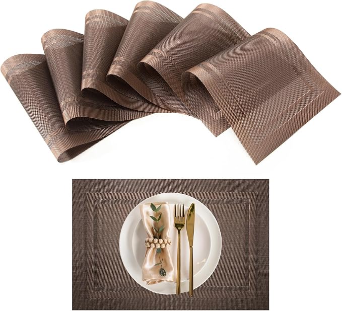 Placemats Set of 6-Heat Resistant Non-Slip Washable Table Mats for Dining Table,PVC Vinyl Woven,12 x 18 inch Brown