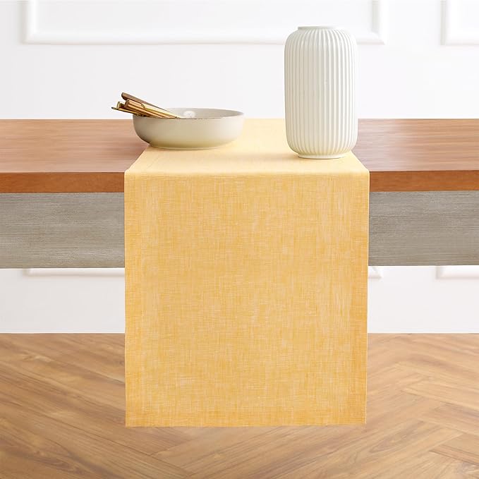 Solino Home Linen Table Runner 156 Inches Long - Athena, 100% Pure Linen Chambray Mustard Yellow Table Runner 14 x 156 Inch for Dining, Spring, Summer
