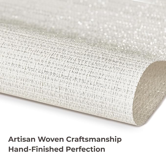 Leetaltree Sparkling White and Silvery Vinyl Woven Placemats Set of 4 - Durable - Washable - Wipeable Dining Table Place Mats, Suitable for Indoor & Outdoor Use - Hand-Cut