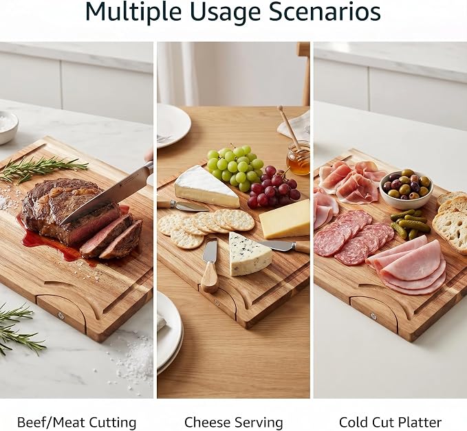 Acacia Wood Cutting Board for Kitchen with Bracket, 15"L x 10.23"W Premium Wooden Chopping Board with Deep Juice Groove for Meat, Cheese, Vegetables, Heavy Duty
