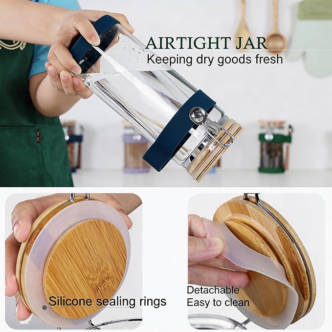 KKC 1.5-Quart Large Glass Nuts Storage Container, Airtight Food Storage Jar with Bamboo Lid & Scoop, Keeps Nuts Crunchy & Fresh, Perfect for Pantry Organization & Storing Nuts, Almonds, Peanuts