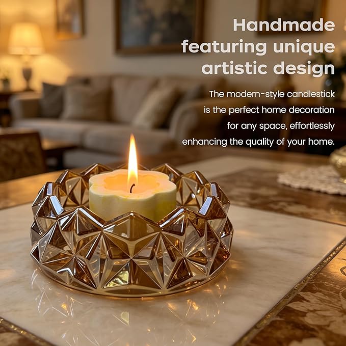 Diamond Glass Candle Holder, Clear Glass Candle Dish for Home Decor, Decorative Modern Candle Tray for Small Candles & Diffusers (Slate Gray)