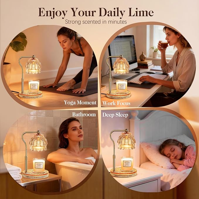 Candle Warmer Lamp with Timer Dimmer, Modern Wax Warmer for Scented Wax Jar Candle Warmer with 2 Bulbs, Adjustable Height Glass Lamp for Women, House Warming Gifts, Gold Amber