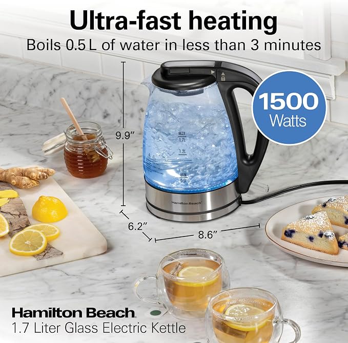 Hamilton Beach 1.7L Electric Kettle, Water Boiler & Heater, LED Indicator, Built-In Mesh Filter, Auto-Shutoff & Boil-Dry Protection, Cordless Serving, Clear Glass (40864)