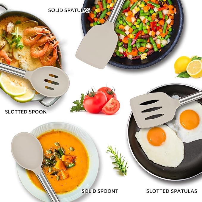 Kitchen Utensils Set Silicone Kitchen Utensils Set for Nonstick Cookware Perfect for Baking and Mixing,Spatula Set BPA Free Dishwasher Safe Khaki 4 Pack
