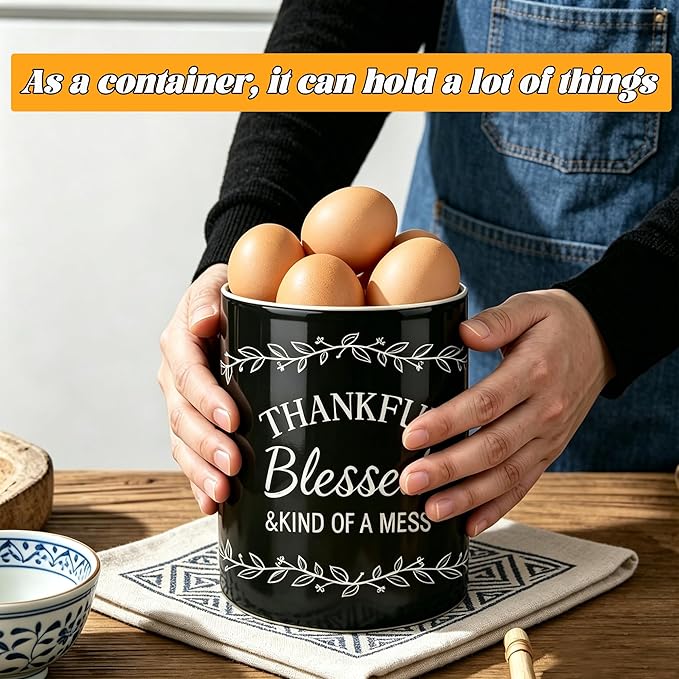 Black Utensil Holder, Ceramic Kitchen Utensil Holder, Utensil Crock for Home Kitchen Countertop Storage Organizer Container, Large Holder for Spatulas, Spoons, Kitchen Counter Decor, 6"