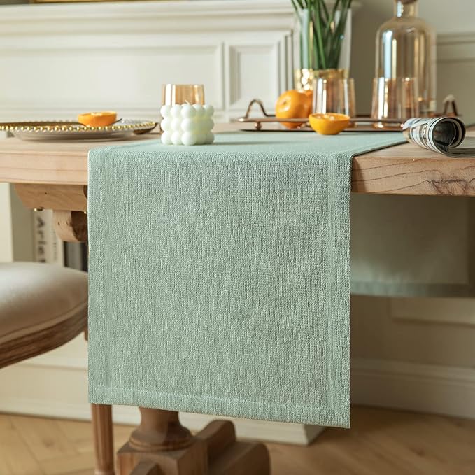 ZeeMart Burlap Style Farmhouse Table Runners 90 Inches Long, Sage Green Rustic Woven Dining Table Runner for Everyday Use, 14x90 Inches, Seafoam