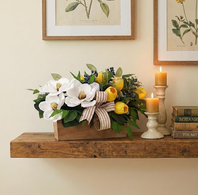 Spring Flowers Centerpiece for Table Decor, 20" L Lifelike Artificial Magnolia Tulip in Rectangular Wood Box, Lush Spring Eater Faux Floral Arrangement Farmhouse Mantel Shelf Kitchen Island Decor