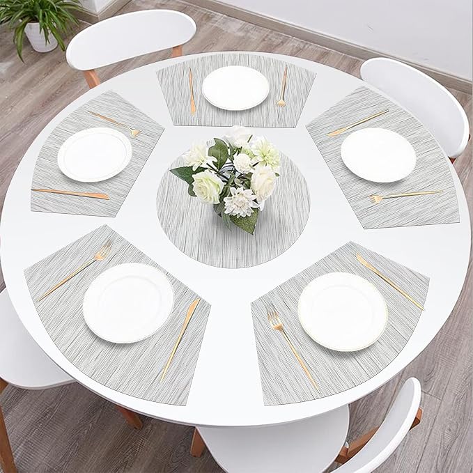 SHACOS Small Round Table Placemats Set of 5 Wedge Shaped Place Mat with Round Centerpiece Mat Heat Resistant Table Mats Washable (5, Gray White)
